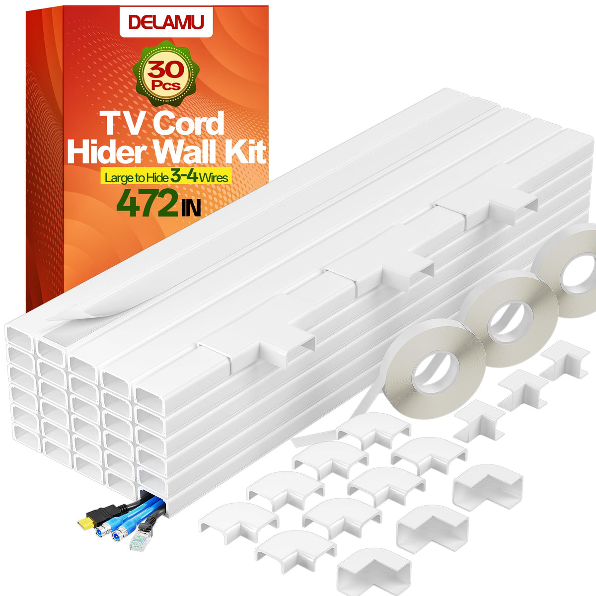 Delamu TV Cord Hider, Cord Covers for 2-3 Wires on Wall, Paintable Cable Hider Wire Covers for Cords, Easier Setup Wire Hiders for TV on Wall, Cable Cover Management to Hide Wires, W0.94H0.47in, White