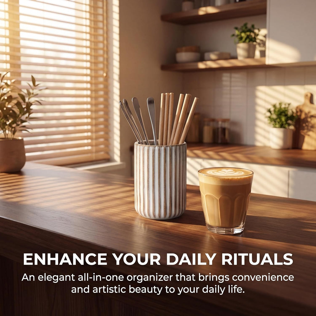 Ceramic Pen Holder with Vertical Groove Design, Desk Pen Pencil Cup for Office, Multipurpose Ceramic Cup for Pens, Pencils, Makeup Brushes, Small Ceramic Vase, Fish Belly White Fluted Surface