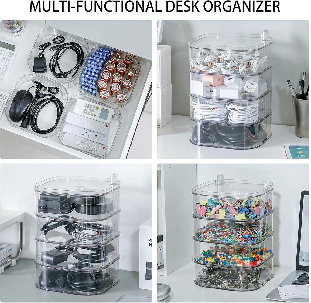 Large Charger Cable Storage Box with Lid, 4-Tiers, Clear