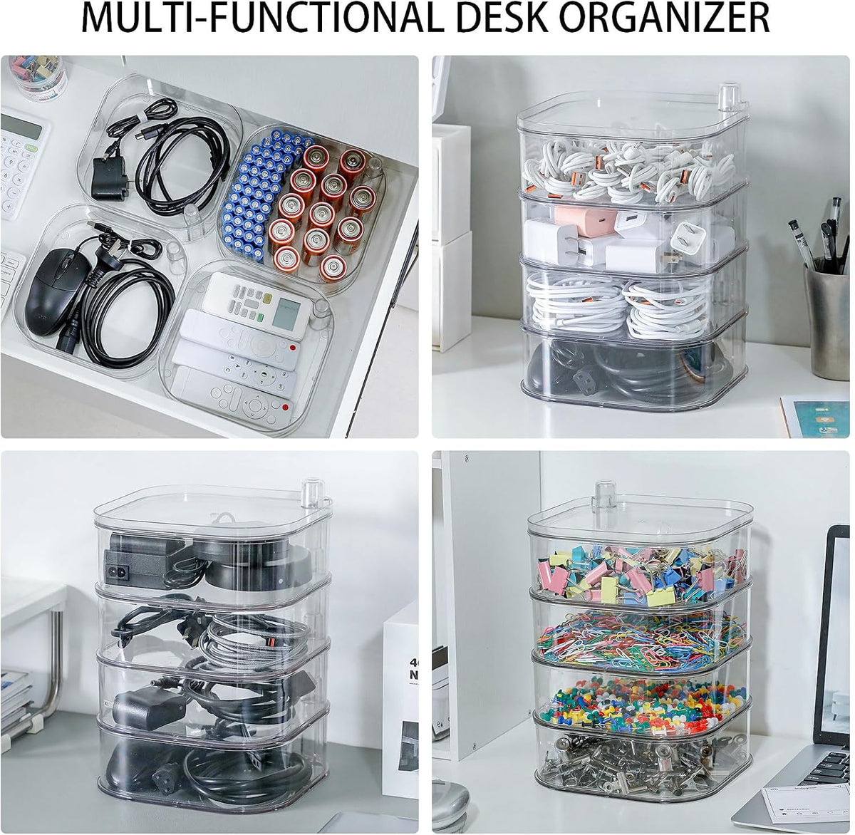 Large Charger Cable Storage Box with Lid, 4-Tiers, Clear