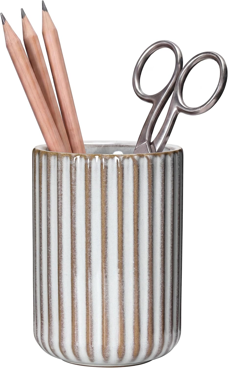 Ceramic Pen Holder with Vertical Groove Design, Desk Pen Pencil Cup for Office, Multipurpose Ceramic Cup for Pens, Pencils, Makeup Brushes, Small Ceramic Vase, Fish Belly White Fluted Surface