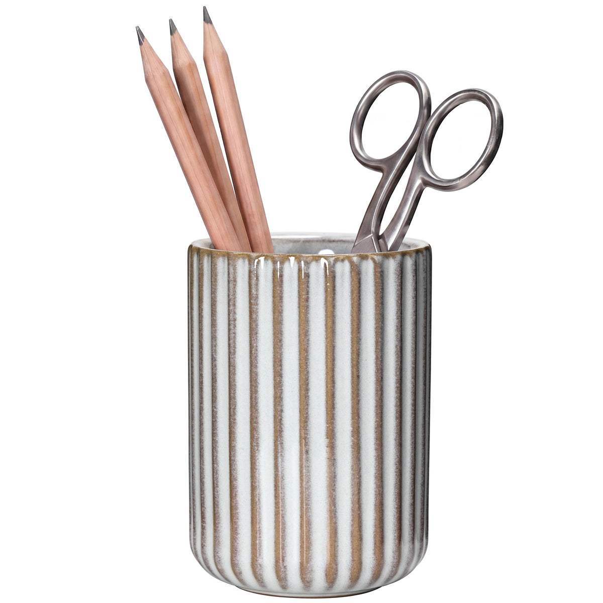Ceramic Pen Holder with Vertical Groove Design, Desk Pen Pencil Cup for Office, Multipurpose Ceramic Cup for Pens, Pencils, Makeup Brushes, Small Ceramic Vase, Fish Belly White Fluted Surface