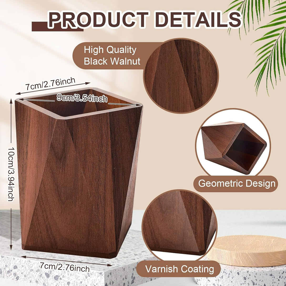 Henoyso 2 Pcs Wood Pen Holder for Desk Wooden Pencil Cups, Black Walnut