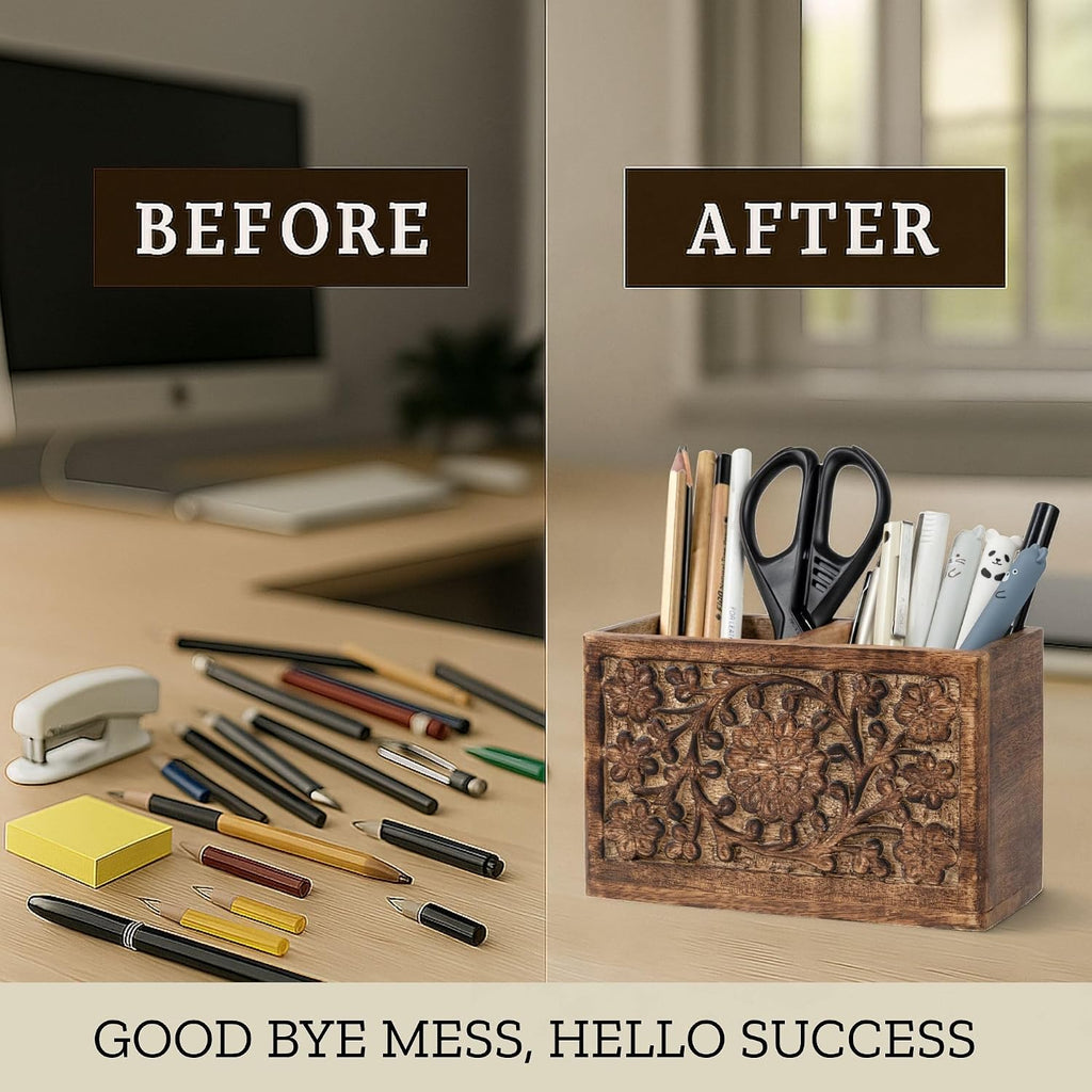 Mie Creations 2 Slot Rustic Pen Holder, Wooden Office Organizer 6''