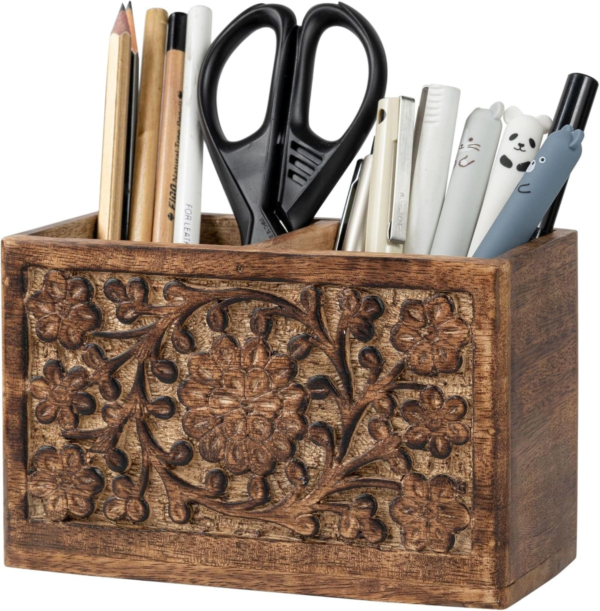 Mie Creations 2 Slot Rustic Pen Holder, Wooden Office Organizer 6''