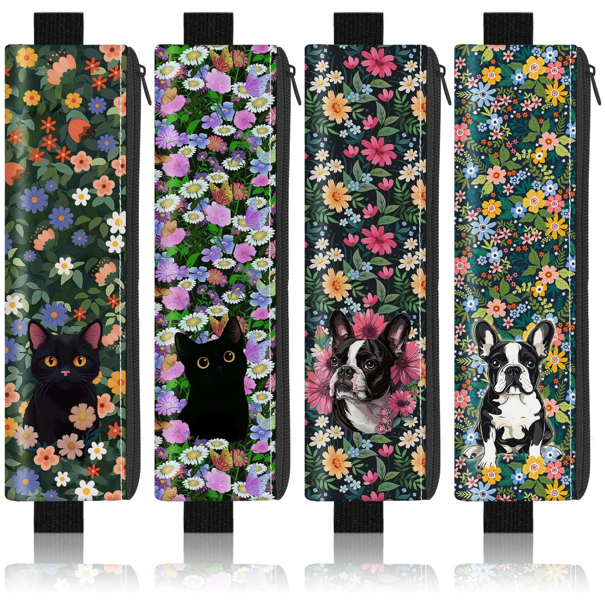 4 Pack Elastic Pen Holder for Notebook, Prints Pen Pouch with Elastic Band and Zipper, Leather Pen Holder for Planners, Journals, Book (Flower)