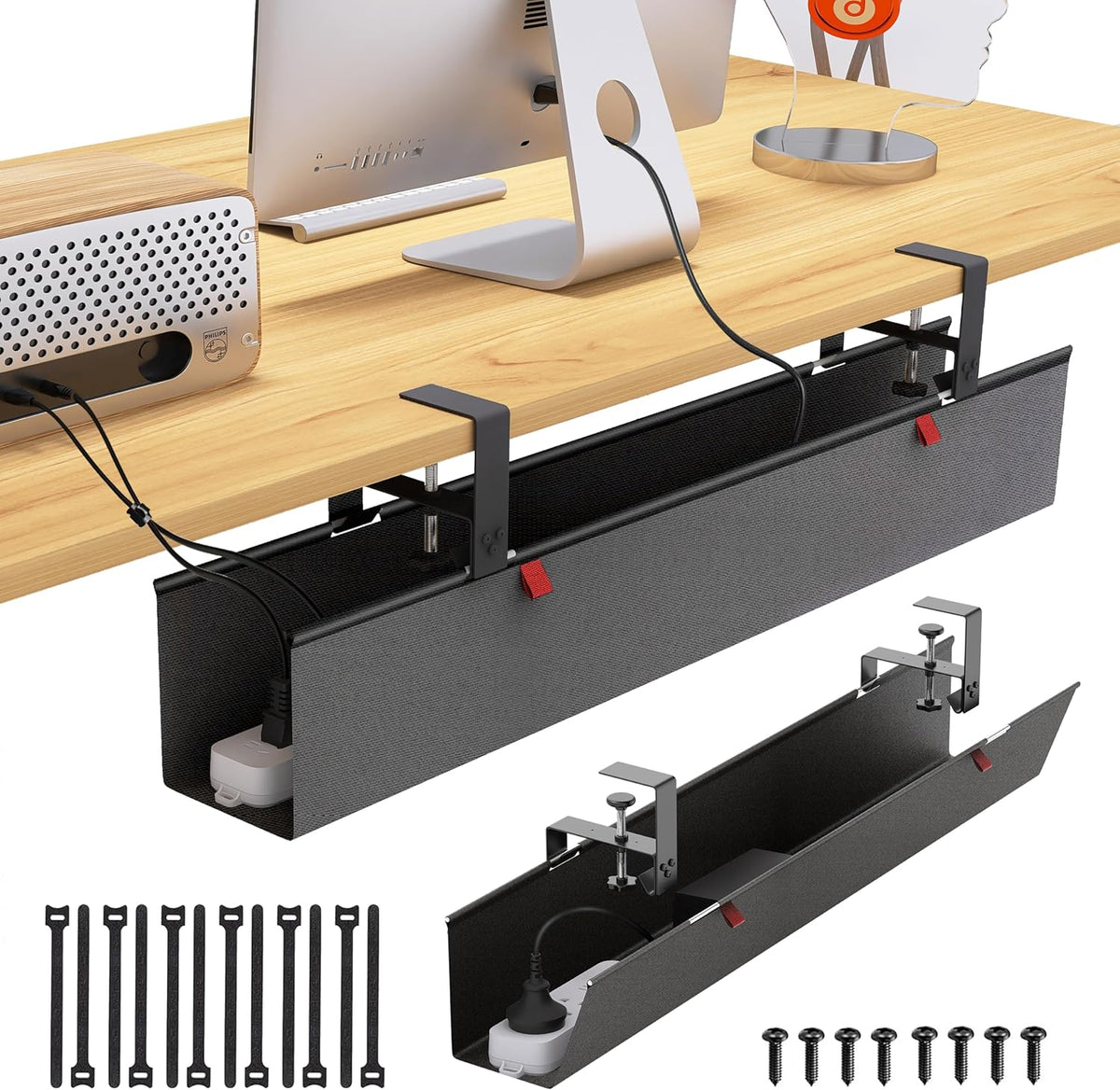 Under Desk Cable Management Tray - Under Desk Cord Management - Clamp/Screw Mount - Fabric Wire Management - Cable Raceways Tray Cord Hiders for Office/Home (Black, 35.8"×5.6")