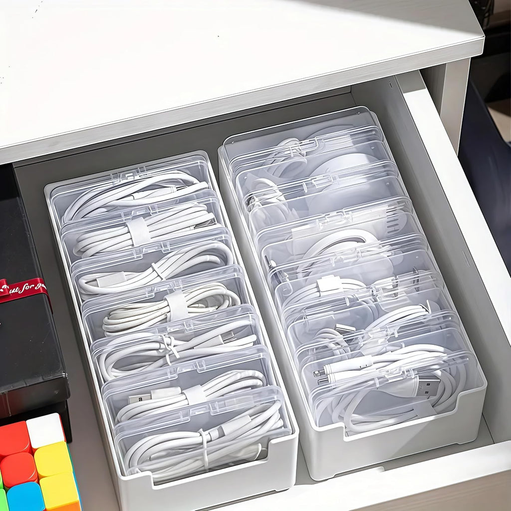 11 Grid Clear Cable Organizer Box with Switch for Desktop Cord Storage