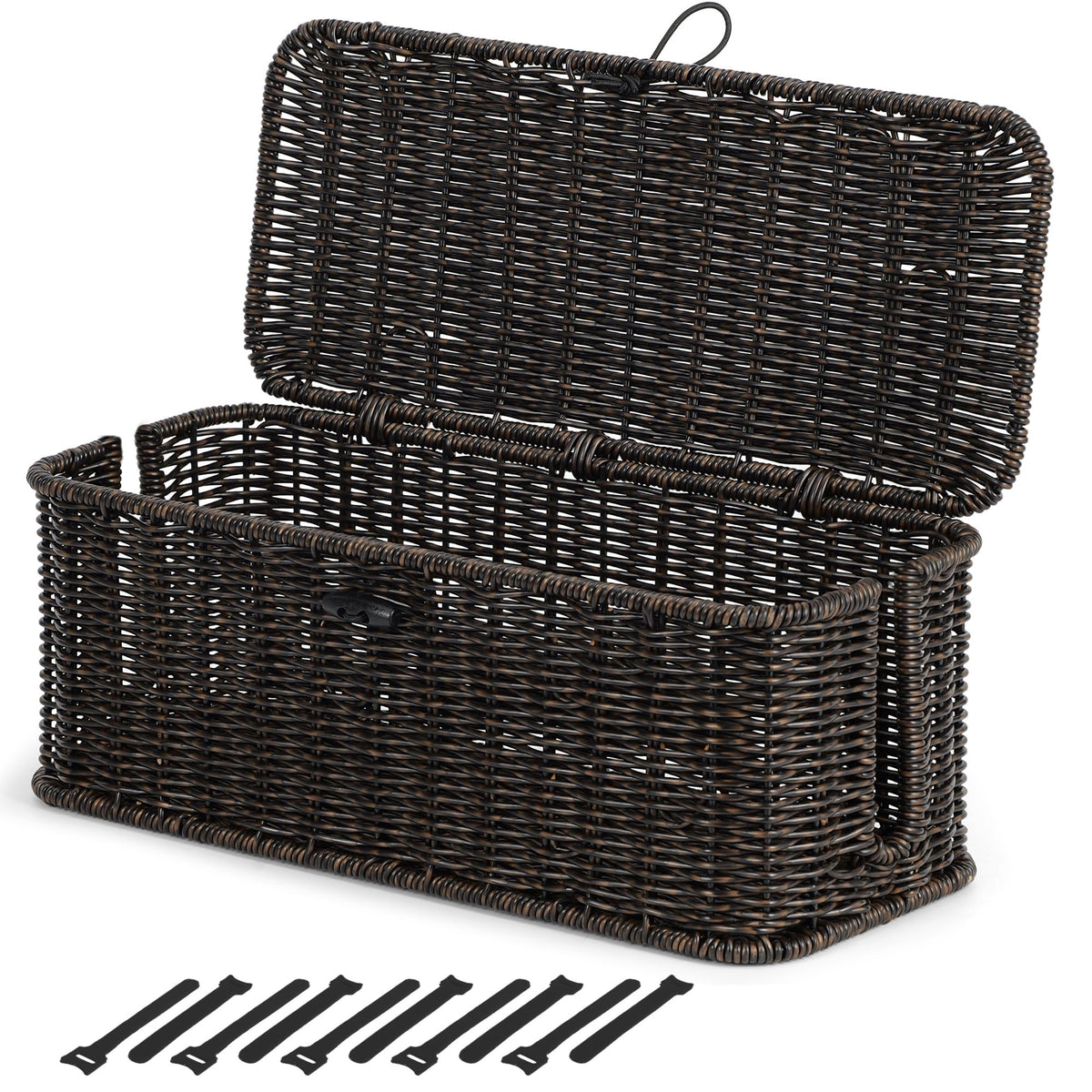 Cable Management Box, Cord Organizer with Lid & Cable Ties - Brown, L