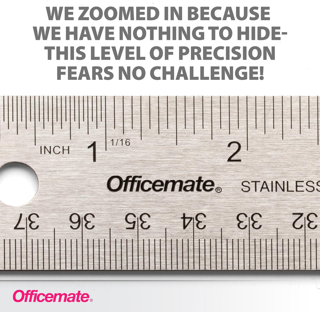 Officemate 15-Inch Flexible Stainless Steel Ruler, Metal Straight Edge Ruler with Cork Backing, 1/16 Inch and Metric Scale Markings, Tool for School, Office, Drafting, Crafts and Precision Cuts