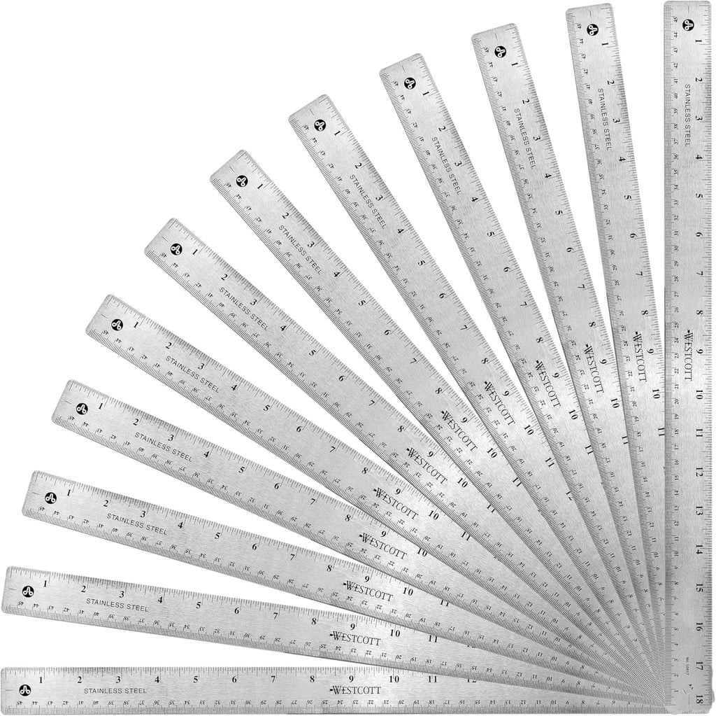 Westcott 18-Inch Stainless Steel Ruler Set with Non-Slip Cork Back, Etched Markings, 12-Pack (10417)