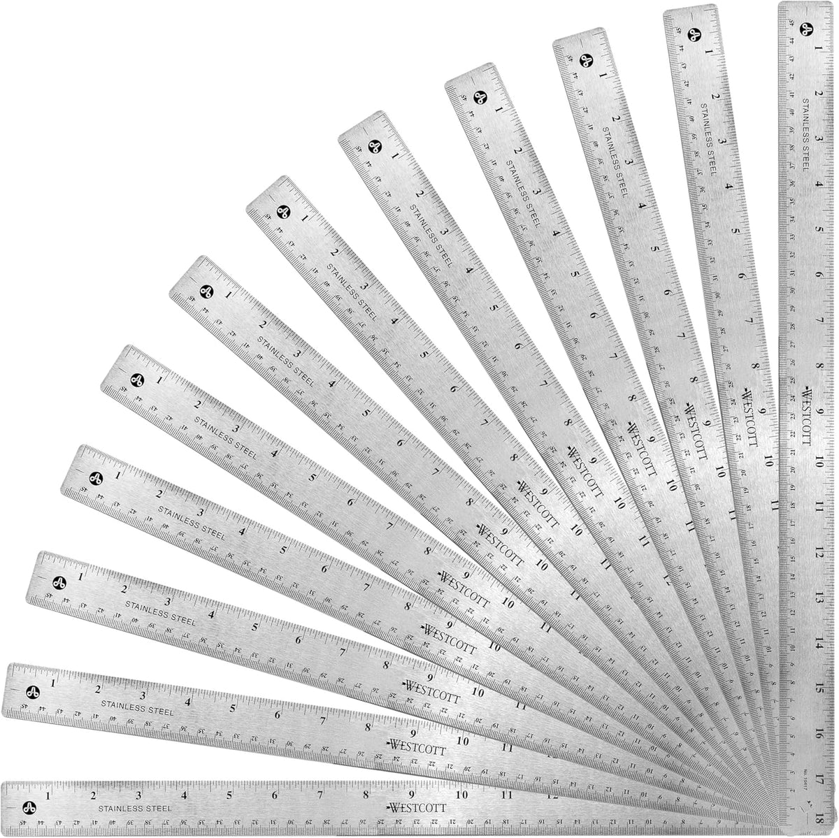 Westcott 18-Inch Stainless Steel Ruler Set with Non-Slip Cork Back, Etched Markings, 12-Pack (10417)
